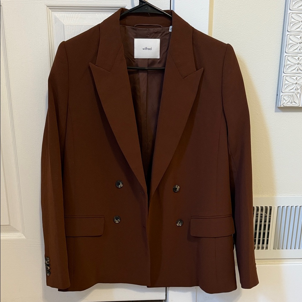 Wilfred Chocolate Double-Breasted Blazer and dashwood pant